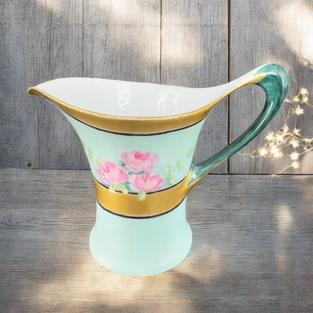 HR Cacilie Bavaria Germany Pitcher Jug Gold Trim Floral Pattern Favorite Marked‎